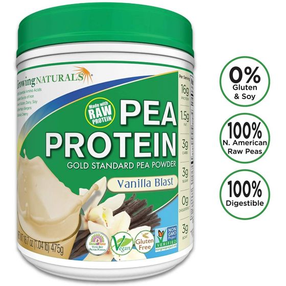 Growing Naturals | Plant Based Protein, Gold Standard Raw Pea Protein Powder | Vanilla Blast | Non-GMO, Vegan, Gluten-Free 1LB