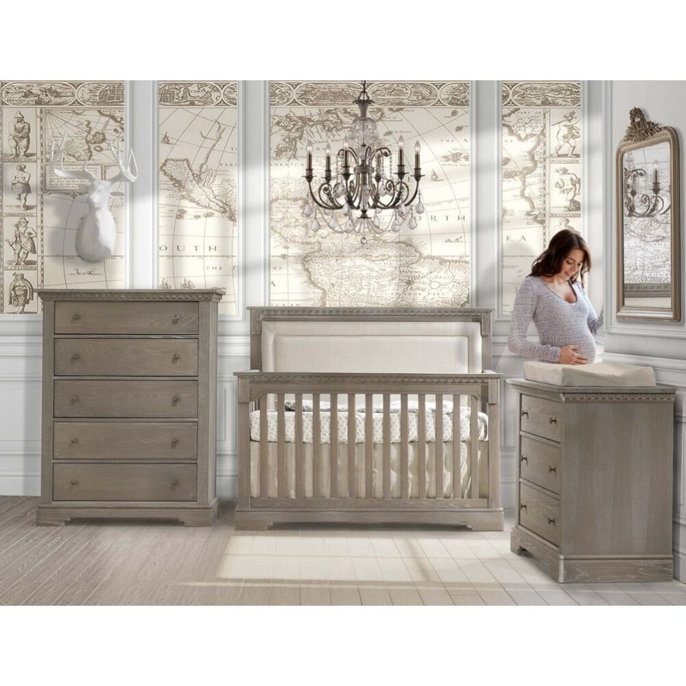 Natart Ithaca 3 Piece Set: “5-in-1” Convertible Crib with Upholstered Headboard, plus 3 Drawer Dresser and 5 Drawer Dresser