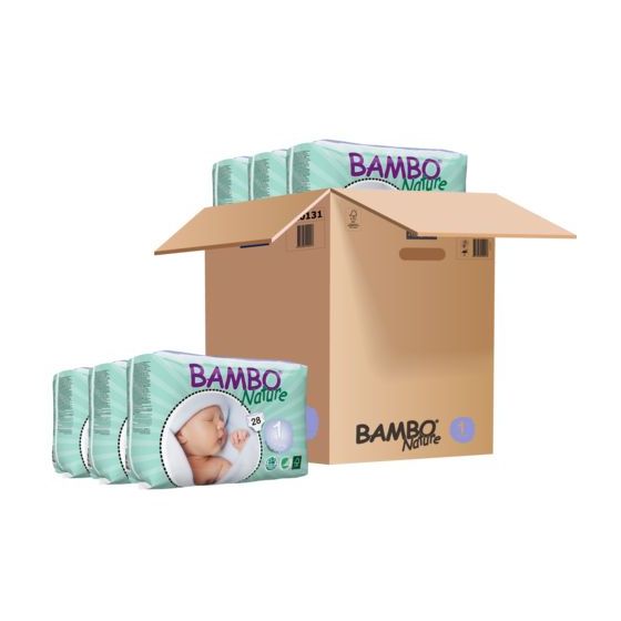 Bambo Nature Newborn Baby Diapers - Size: 1 Fits 4.5 - 9 lbs (6 Bags/Case) - 168 pieces per Box