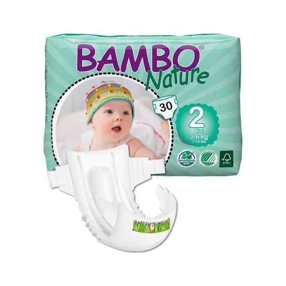 Bambo Nature Mini Baby Diapers -Size: 2 Mini Fits 6.5 to 13 lbs- 60 pieces per Box